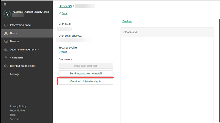 Granting administrator rights in Kaspersky Endpoint Security Cloud