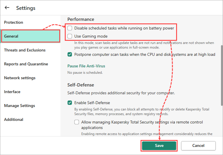 Turning off Gaming mode and the “Disable scheduled tasks while running on battery power” option.