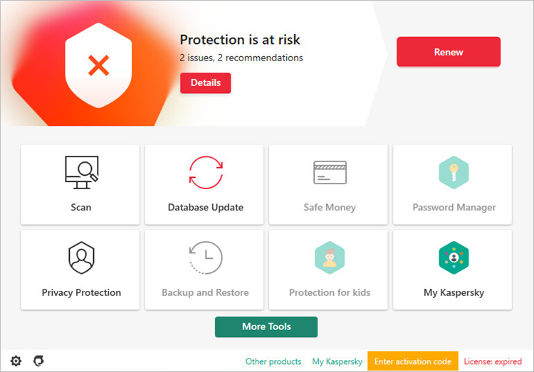 Opening the Database update window in a Kaspersky application