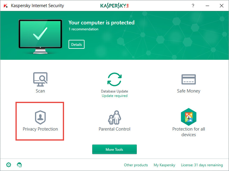 Image: the main window of Kaspersky Internet Security 2018