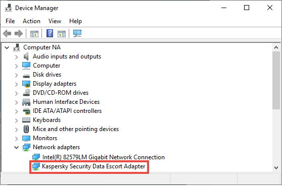 Kaspersky Security Data Escort Adapter displayed in Windows Device Manager