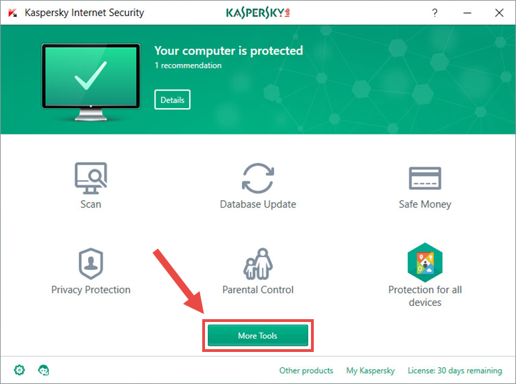 Image: the main window of Kaspersky Internet Security 2018