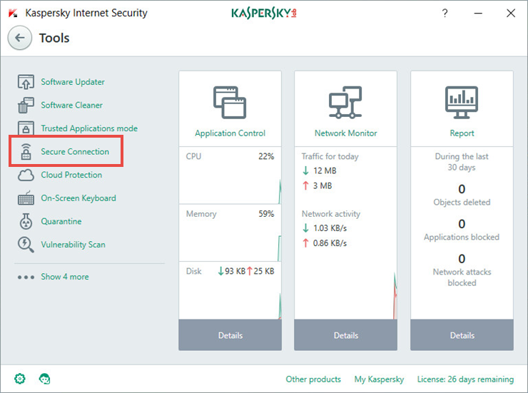 Image: the Tools window of Kaspersky Internet Security 2018