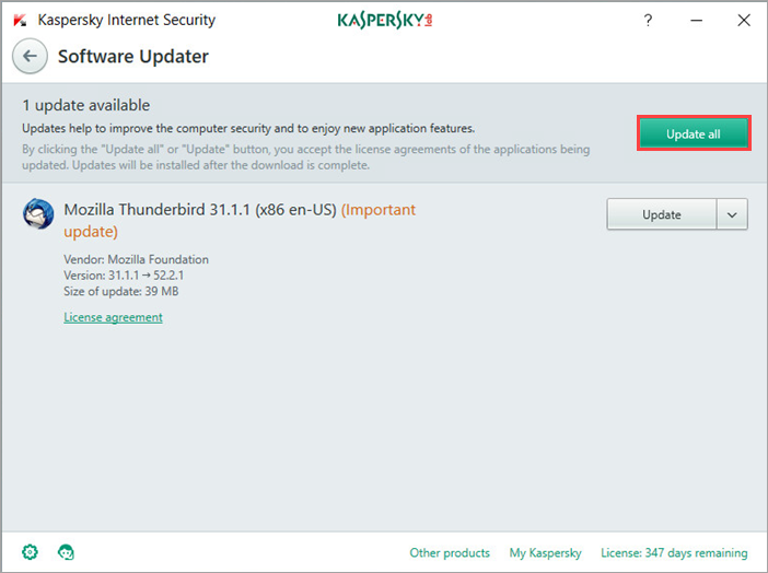 Image: detected updates in Kaspersky Internet Security 2018