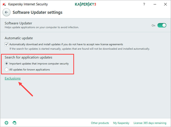 Image: the Software Updater settings window in Kaspersky Internet Security 2018