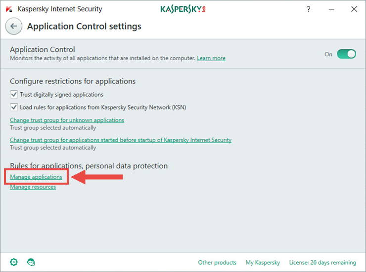 Image: the Application Control window in Kaspersky Internet Security 2018