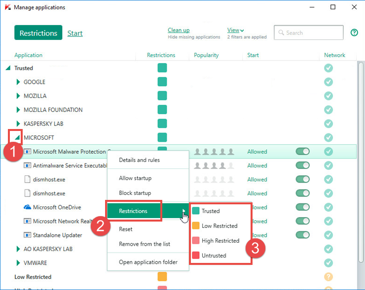 Image: selecting a group for an application in Kaspersky Internet Security 2018