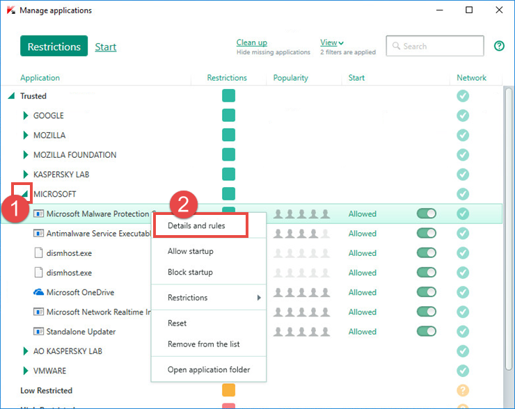 Image: setting up restrictions for an application in Kaspersky Internet Security 2018