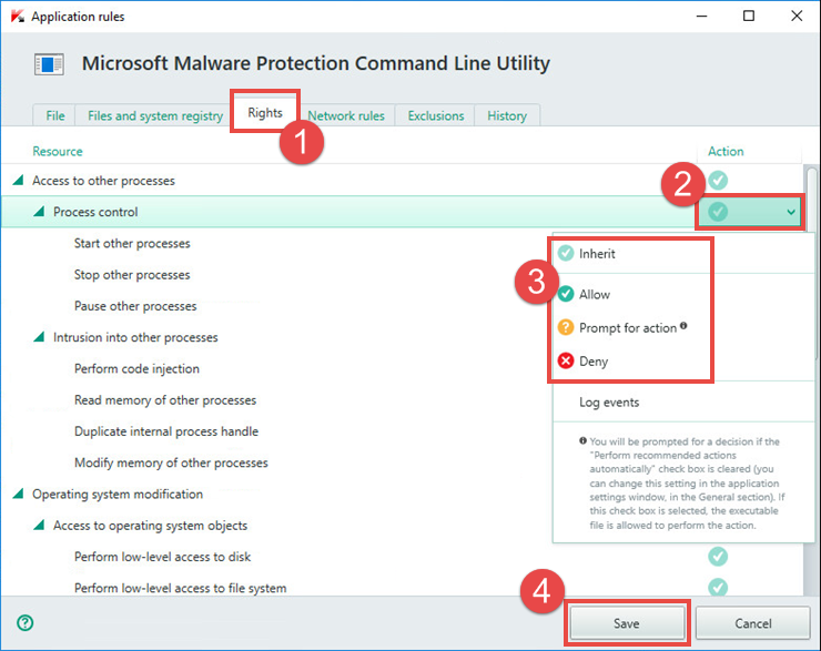 Image: the Application rules window of Kaspersky Internet Security 2018