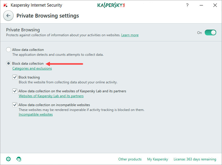 Image: the Private Browsing settings window of Kaspersky Internet Security