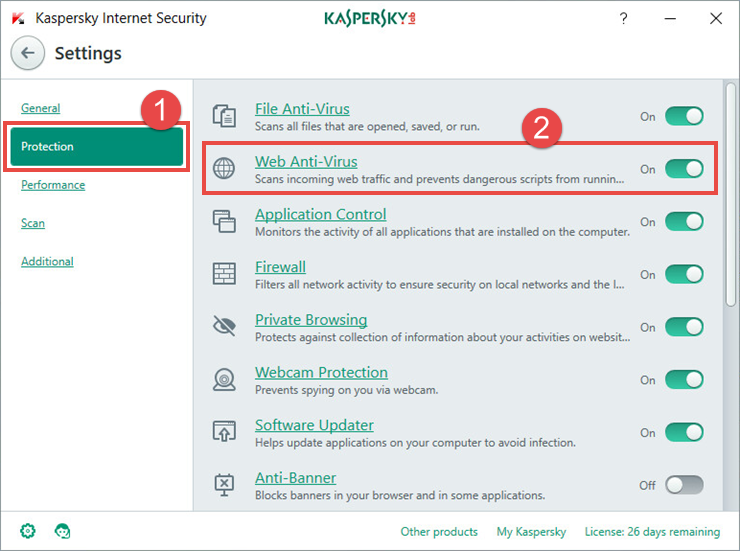 Image:  the Settings window of Kaspersky Internet Security 2018