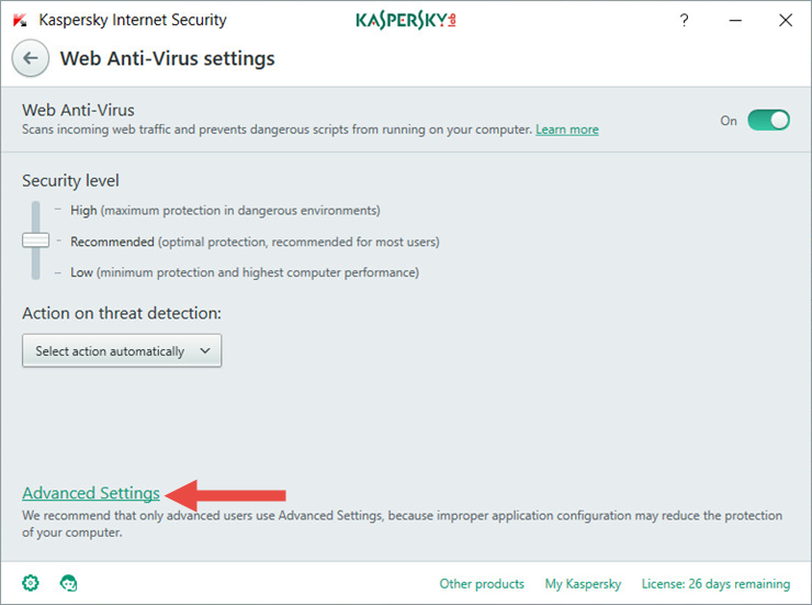 Image:  Web Anti-Virus settings in Kaspersky Internet Security 2018