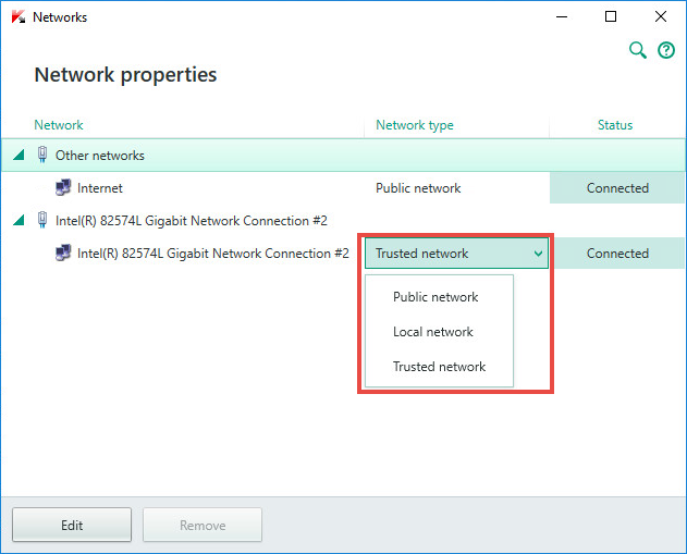 Image: Network properties in Kaspersky Internet Security 2018