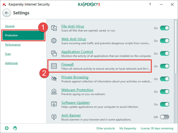 Image: the Settings window of Kaspersky Internet Security 2018