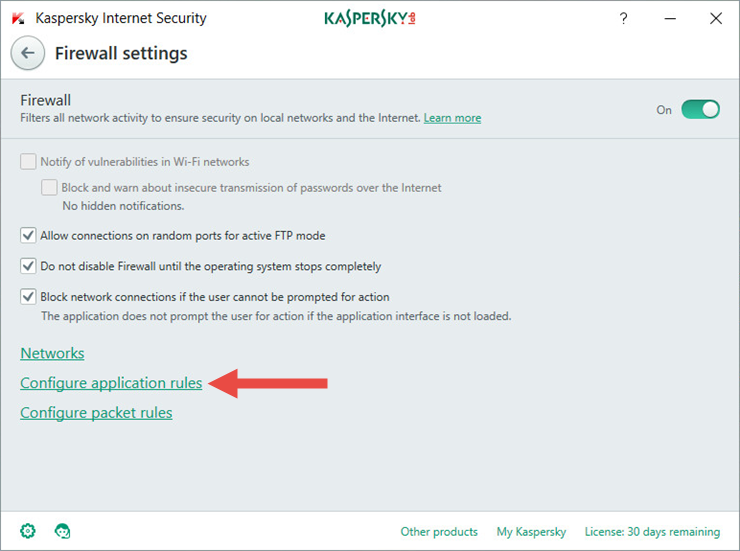 Image: Firewall settings in Kaspersky Internet Security 2018