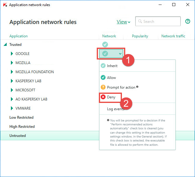 Image: the Application network rules window in Kaspersky Internet Security 2018