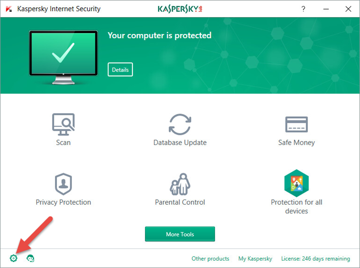 Image: the main window of Kaspersky Internet Security 2018