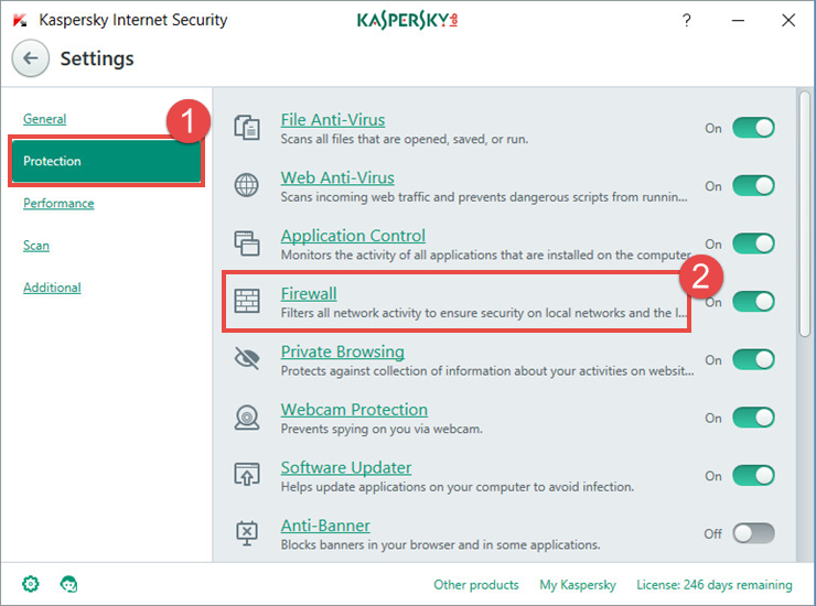 Image: the Settings window of Kaspersky Internet Security 2018