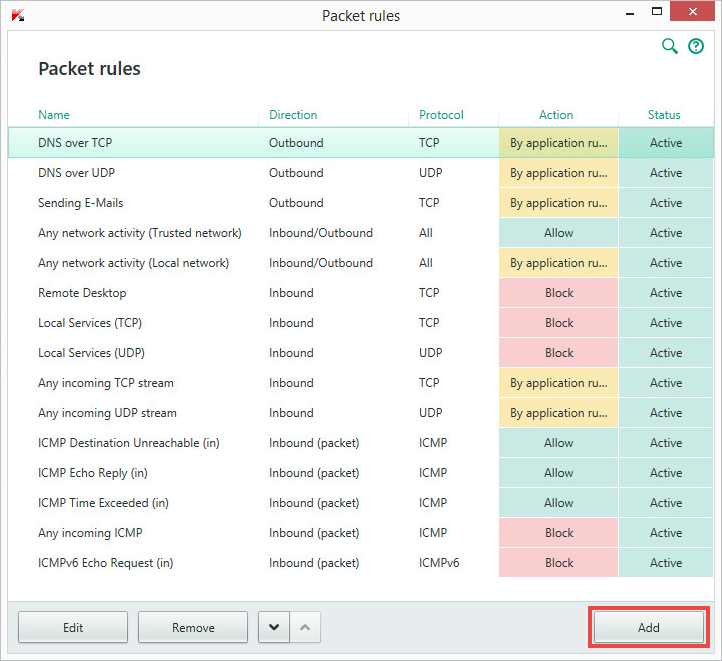 Image: Packet rules in Kaspersky Internet Security 2018