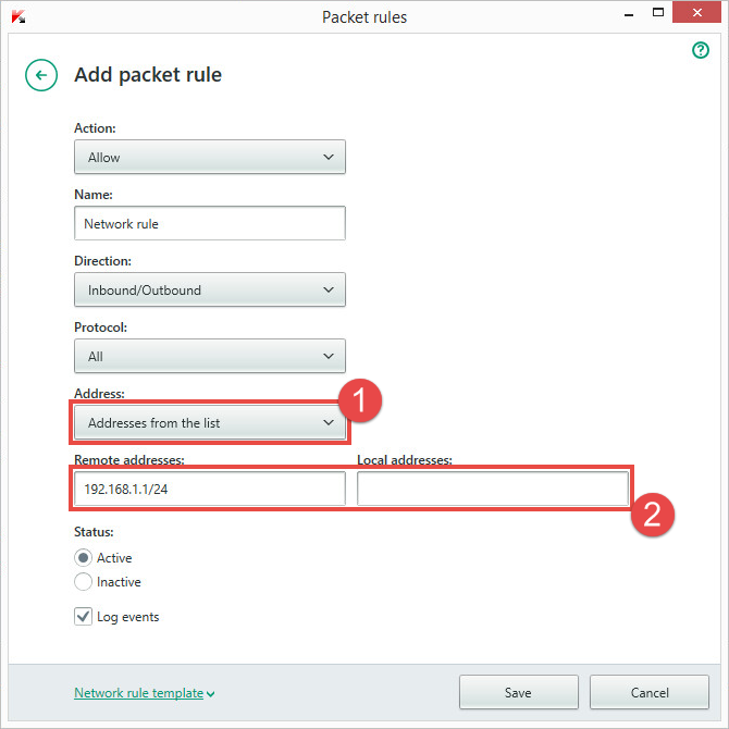 Image: the Add packet rule window in Kaspersky Internet Security 2018