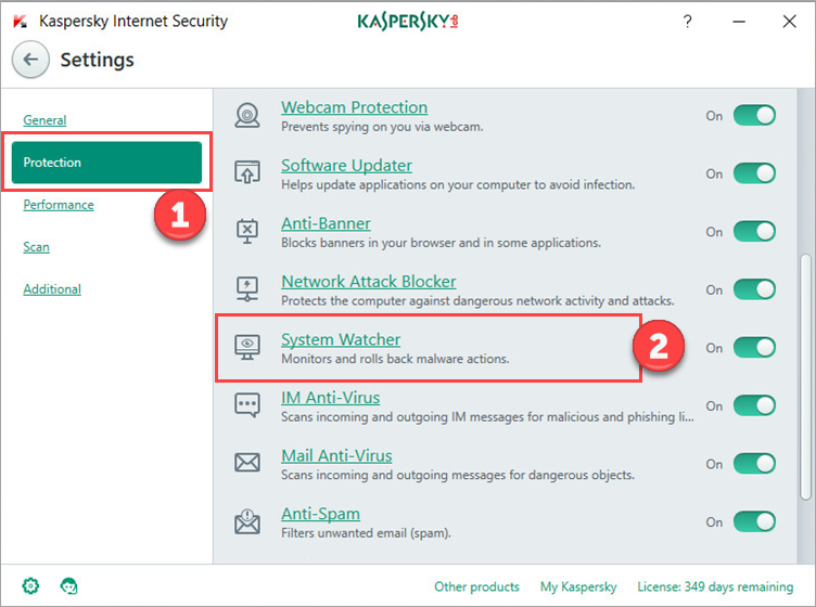 Image: Kaspersky Internet Security Settings window