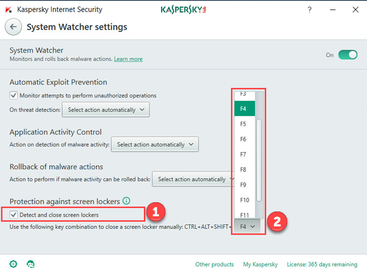 Image: the System Watcher window in Kaspersky Internet Security 2018