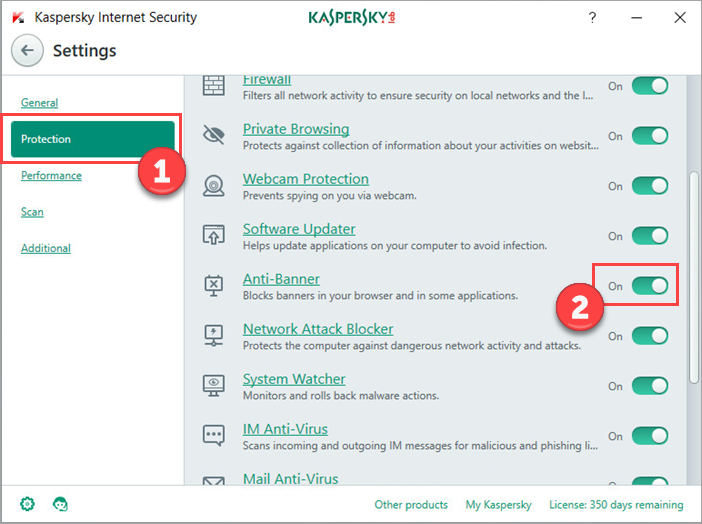 Image: Kaspersky Internet Security Settings window