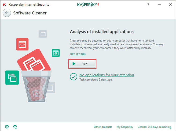 Image: the Software Cleaner window in Kaspersky Internet Security