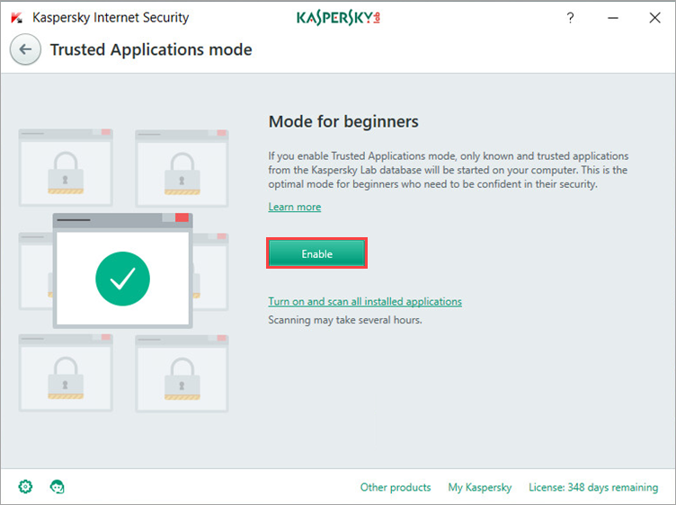 Image: the Trusted Applications mode window in Kaspersky Internet Security 