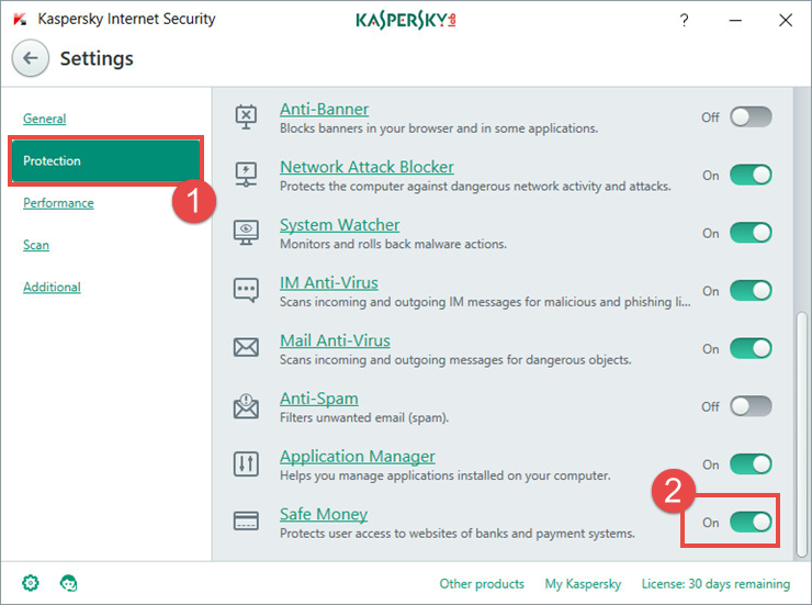 Image:  the Settings window of Kaspersky Internet Security 2018