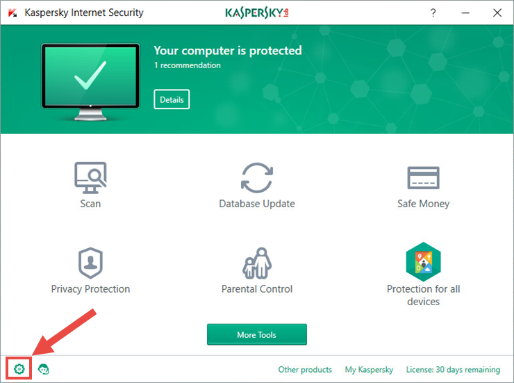 Image: the main window of Kaspersky Internet Security 2018