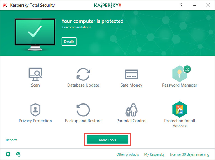 Image: the main window of Kaspersky Total Security 2018