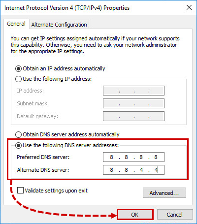 The Internet Protocol Version 4 (TCP/IPv4) properties window 