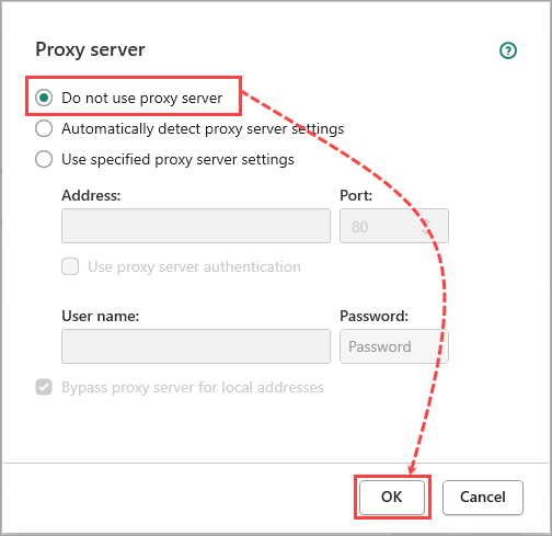 Proxy server settings window in a Kaspersky application.