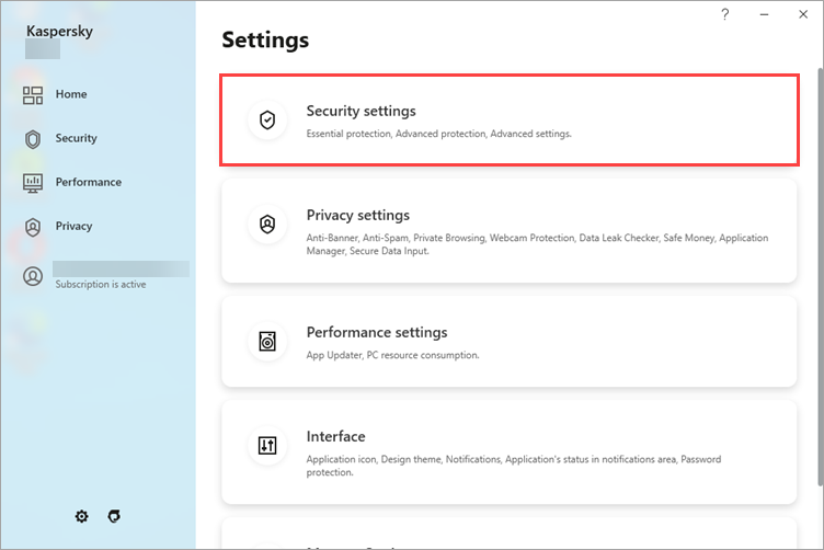 Opening Security settings in a Kaspersky application.