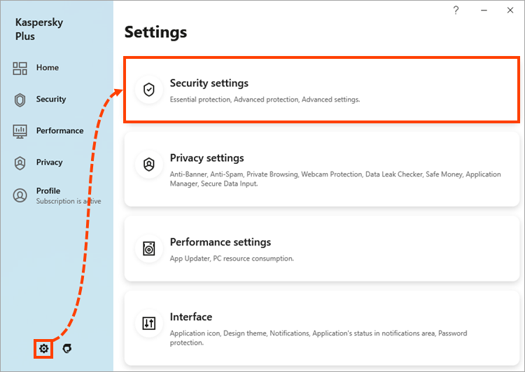 Opening Security settings in a Kaspersky application