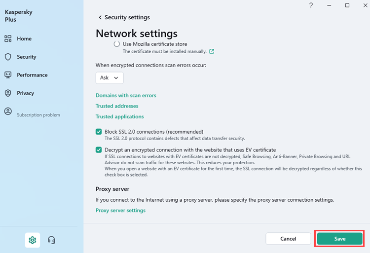 Saving the proxy settings in a Kaspersky application