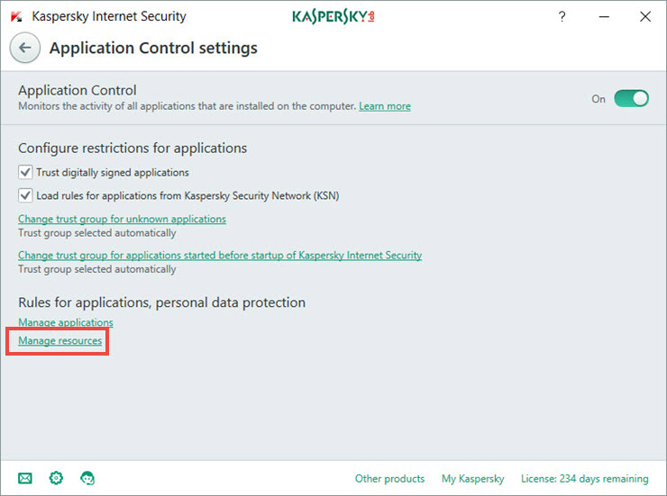 Image: the Application Control window in Kaspersky Internet Security 2018