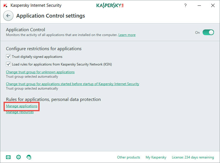 Image: the Application Control window in Kaspersky Internet Security 2018