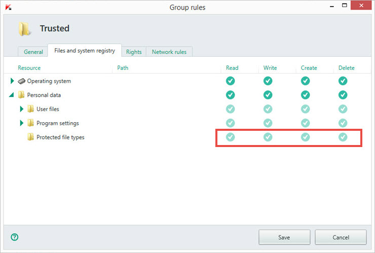 Image: trusted applications rules in Kaspersky Internet Security 2018