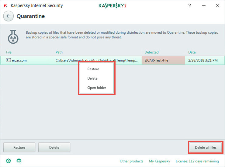 Restore, delete or open file location menu. 