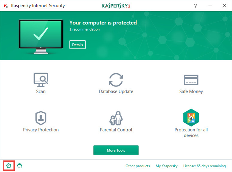 The Settings window of Kaspersky Internet Security 2018