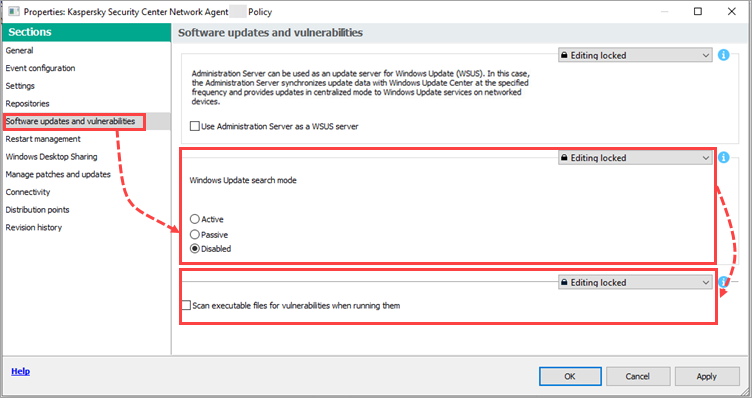 The Software updates and vulnerabilities section of the Network Agent policy in Kaspersky Security Center.