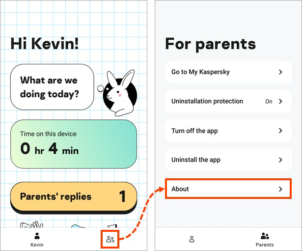 Accessing the section with information about Kaspersky Safe Kids for Android.