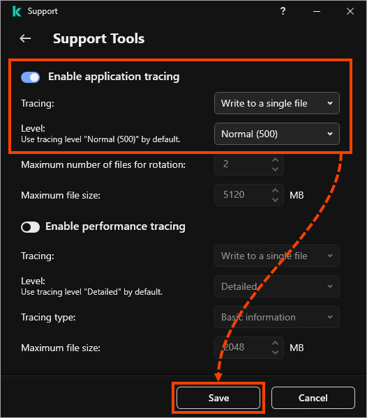 Adjusting tracing in Kaspersky Endpoint Security for Windows.