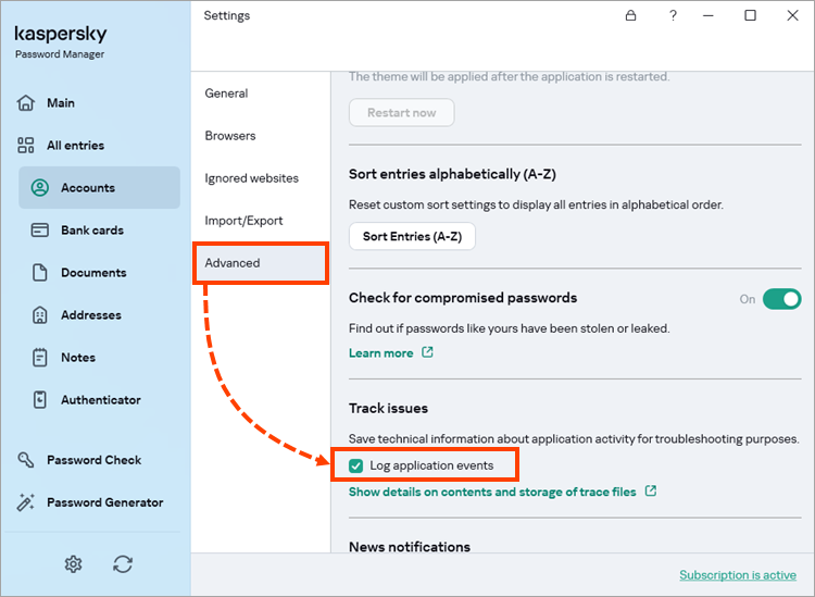 Enabling Kaspersky Password Manager event logging.