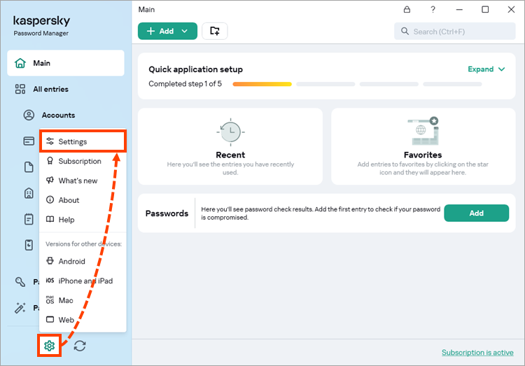 Navigating to the Kaspersky Password Manager settings.