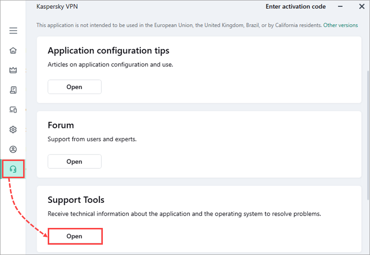 Opening the Support Tools window of Kaspersky Secure Connection.