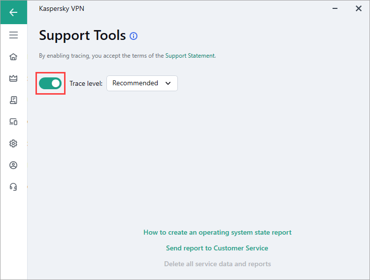 Enabling tracing of recommended events in Kaspersky VPN Secure Connection.