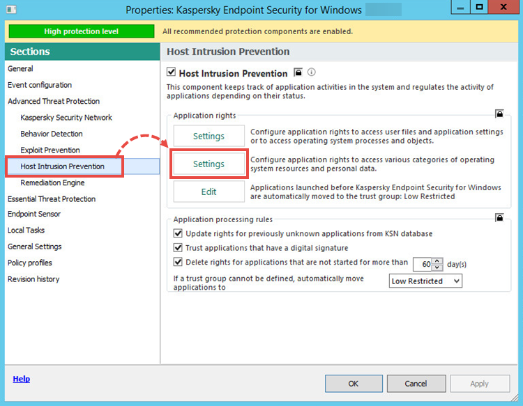 Opening the Host Intrusion Prevention settings in Kaspersky Security Center.